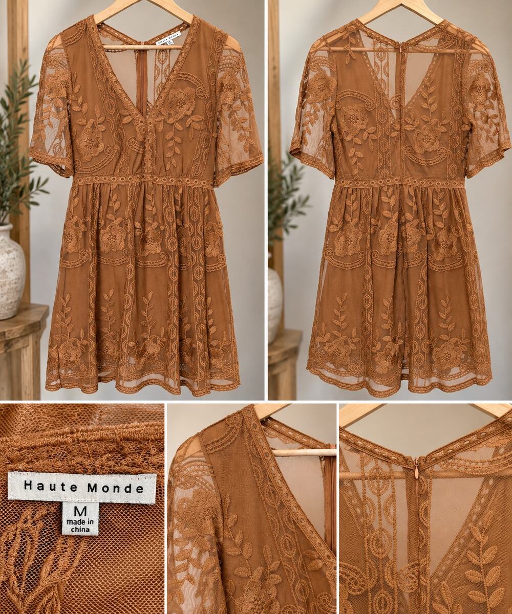 Haute Monde Embroidered Lace Mini Dress Brown Boho Romantic Size Medium